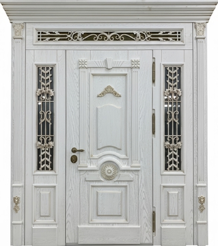 Парадная входная группа с терморазрывом, капителями, ковкой, стеклами и МДФ белого цвета со шпоном Парадная входная группа с терморазрывом, капителями, ковкой, стеклами и МДФ белого цвета со шпоном