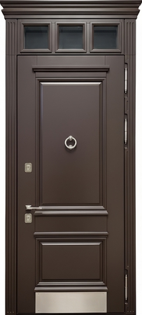 Стальная коттеджная термодверь с остекленной верхней вставкой, карнизом, отбойником, кнокером и отделкой МДФ коричневого цвета с багетом Стальная коттеджная термодверь с остекленной верхней вставкой, карнизом, отбойником, кнокером и отделкой МДФ коричневого цвета с багетом